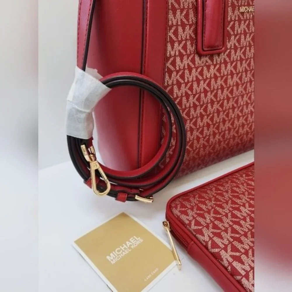 Michael Kors KALI  iPAD Case Tote Satchel Chili Red, Gold Adjustable Crossbody